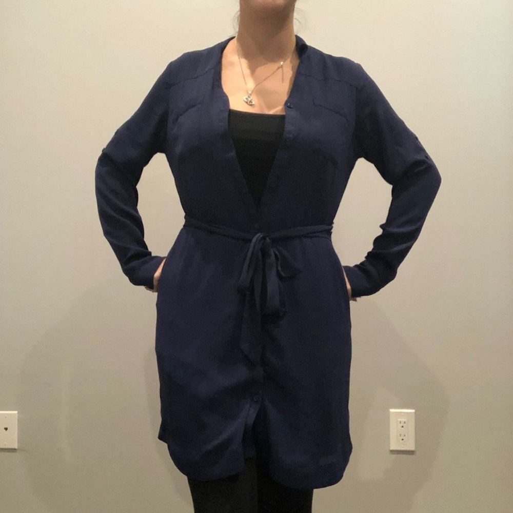 Express Womans Small Navy Blue Button Down Dress With Collar Ties Around Middle